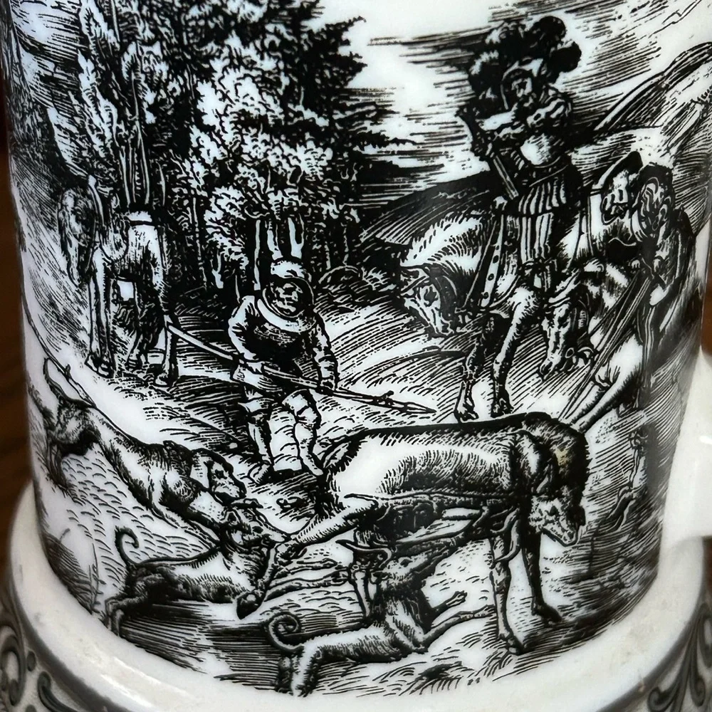 Vintage White Milk Glass German Beer Stein Mug with Pewter Lid